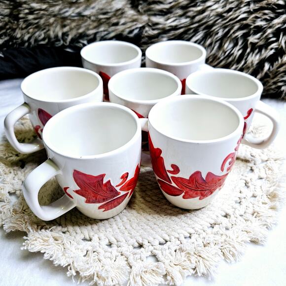 Pier 1 Imports Alexia Mug Fall Autumn Red Leaves Hand Painted Set of 7 White Red - Picture 1 of 9